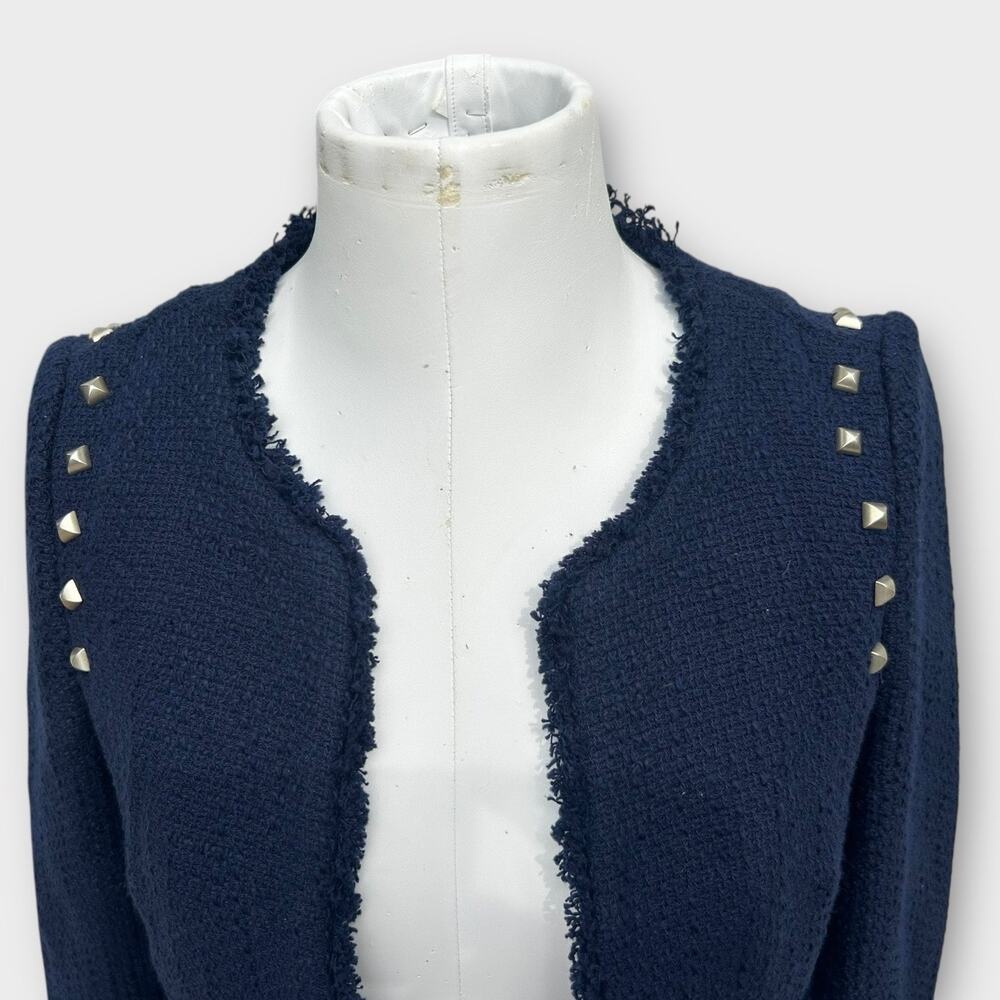 Zara Navy Tweed Frayed-Edge Blazer with Stud Accents - Picture 6 of 9